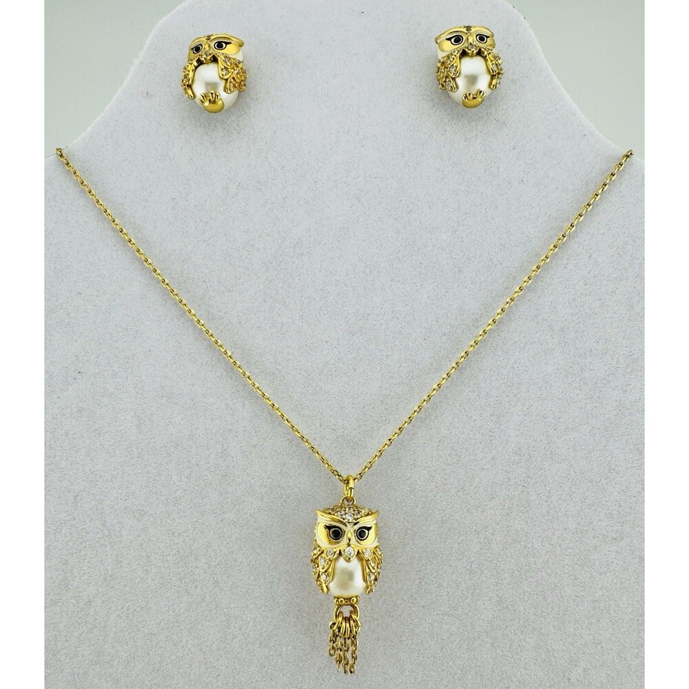 Kate Spade Hoot Owl Necklace & Earrings Set Gold Tone Adjustable 16”-19” NICE!